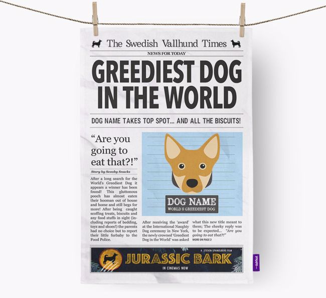 The {breedShortName} Times 'Greediest Dog In The World' Personalised Tea Towel